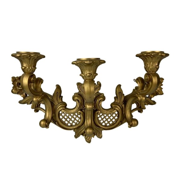 Triple Plastic Gold Candle Curved Wall Sconce MCM Homco USA Hollywood Regency - Picture 1 of 16